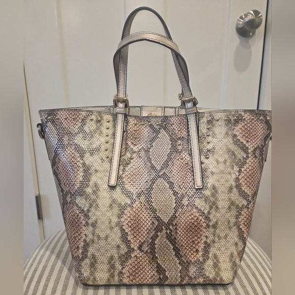 Calvin Klein Handbags - Calvin Klein Metallic Snake-Print Tote in Taupe and Pale Pink